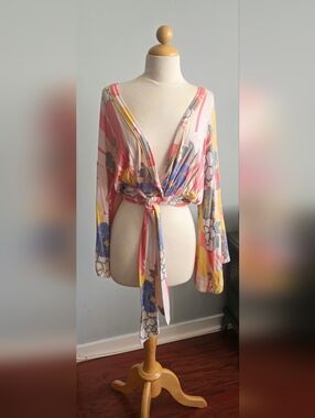 Free People Multicolor Floral Tie-Front Crop Top — Coral, Yellow & Lavender